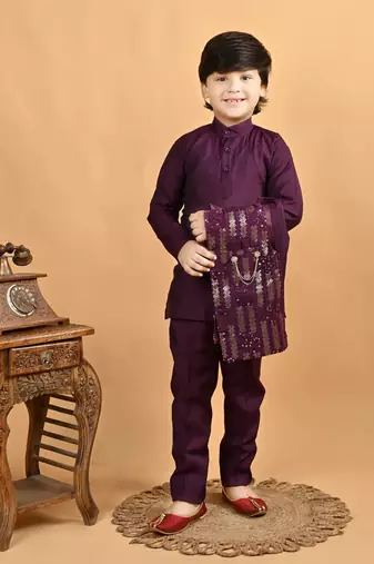 Burgundy cotton botanical embroidered sequined waistcoat with kurta pajama set