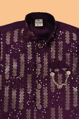 Burgundy cotton botanical embroidered sequined waistcoat with kurta pajama set 5
