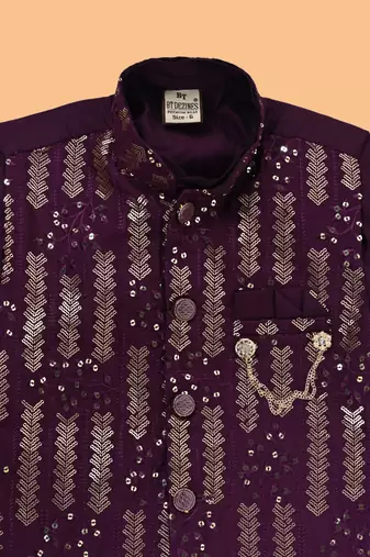 Burgundy cotton botanical embroidered sequined waistcoat with kurta pajama set