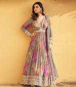 Light grey chinon silk embroidered anarkali suit