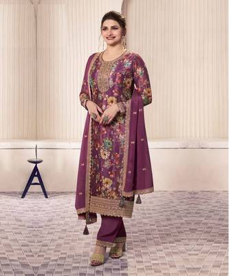 Magenta floral print heavy chinon semi stitched ceremonial suits 1