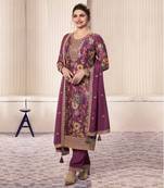 Magenta floral print heavy chinon semi stitched ceremonial suits