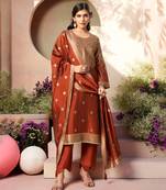 Rust jacquard pure silk unstitched straight pant style