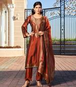 Rust jacquard pure silk unstitched straight pant style