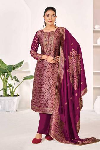 Magenta jacquard pure silk unstitched straight pant style