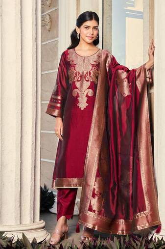 Maroon jacquard pure silk unstitched straight pant style