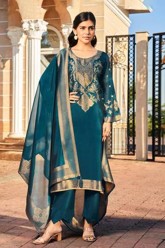 Teal jacquard pure silk unstitched straight pant style