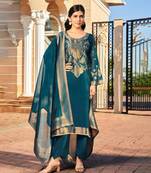Teal jacquard pure silk unstitched straight pant style