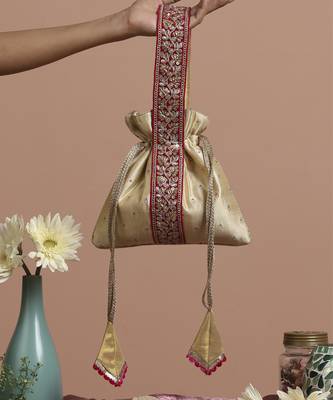 Magenta and cream pure silk potli bag 1