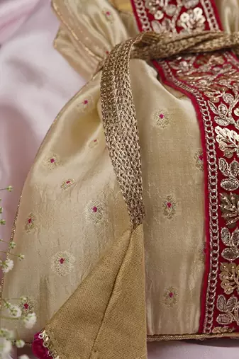 Magenta and cream pure silk potli bag
