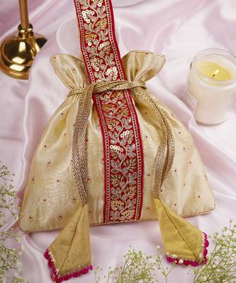 Magenta and cream pure silk potli bag 3