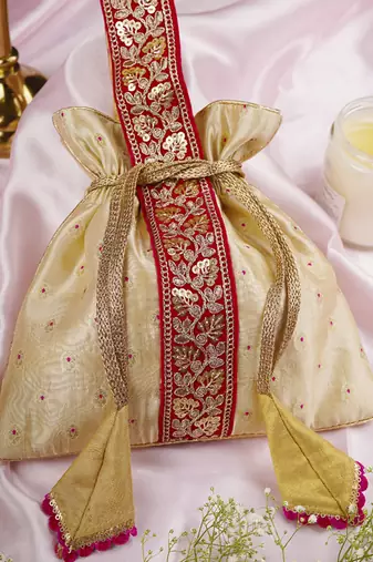Magenta and cream pure silk potli bag