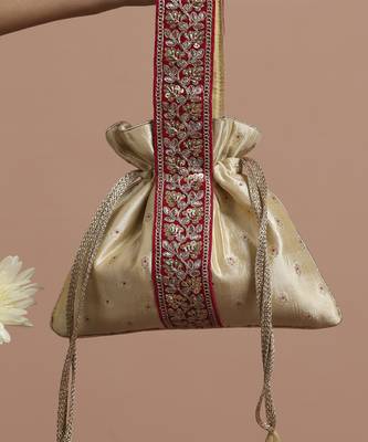 Magenta and cream pure silk potli bag 4