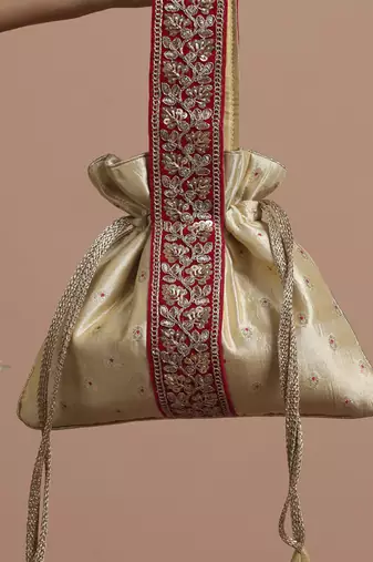 Magenta and cream pure silk potli bag