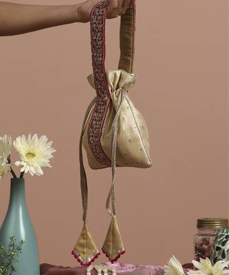 Magenta and cream pure silk potli bag 5