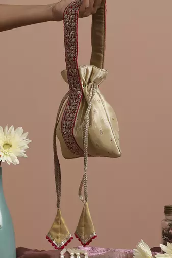 Magenta and cream pure silk potli bag