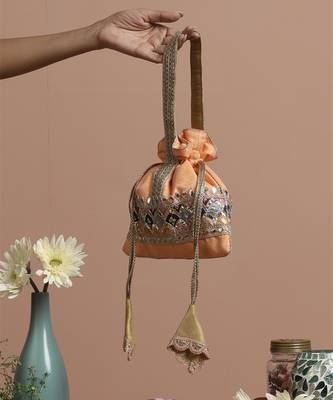 Peach brocade potli bag 1