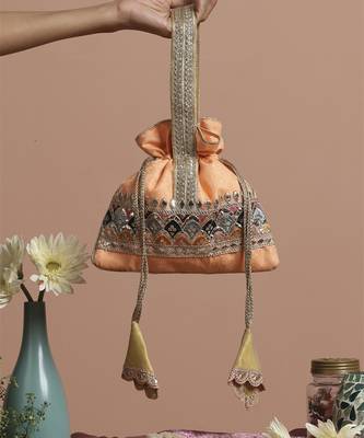 Peach brocade potli bag 2