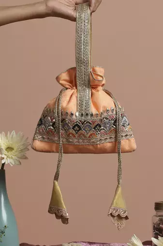 Peach brocade potli bag
