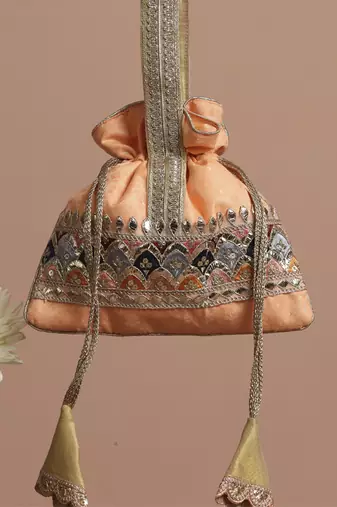 Peach brocade potli bag