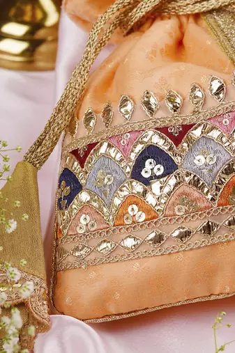 Peach brocade potli bag