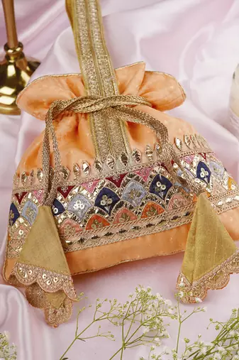 Peach brocade potli bag