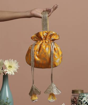 Yellow pure silk brocade potli bag 1