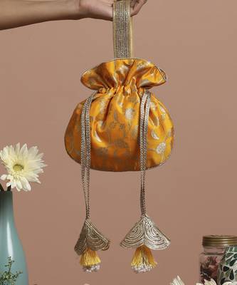 Yellow pure silk brocade potli bag 2