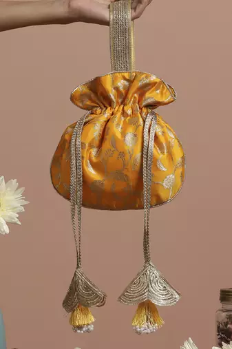 Yellow pure silk brocade potli bag