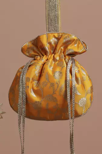 Yellow pure silk brocade potli bag