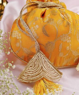 Yellow pure silk brocade potli bag 4