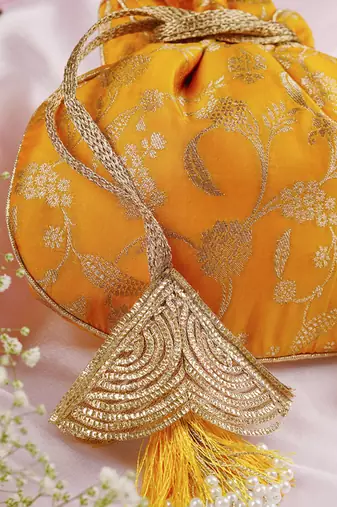 Yellow pure silk brocade potli bag