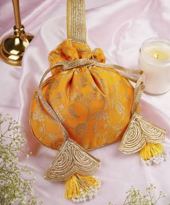 Yellow pure silk brocade potli bag 5