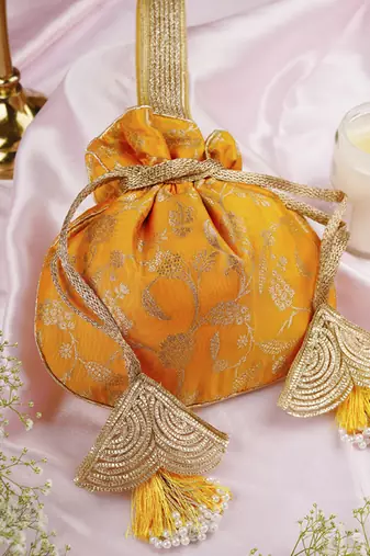 Yellow pure silk brocade potli bag