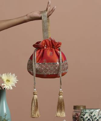 Orange pure silk brocade potli bag 1