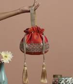 Orange pure silk brocade potli bag