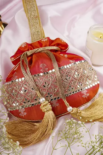 Orange pure silk brocade potli bag