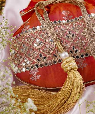 Orange pure silk brocade potli bag 3