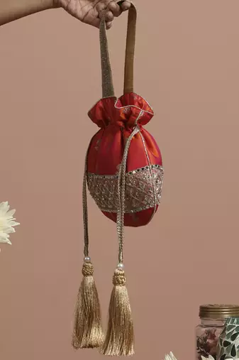 Orange pure silk brocade potli bag