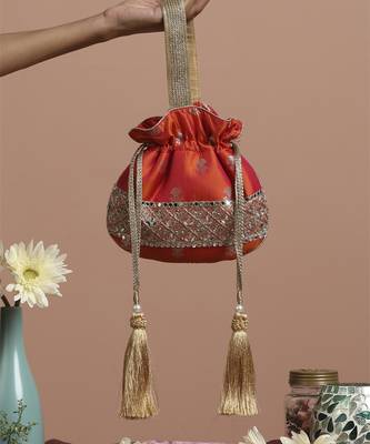 Orange pure silk brocade potli bag 5