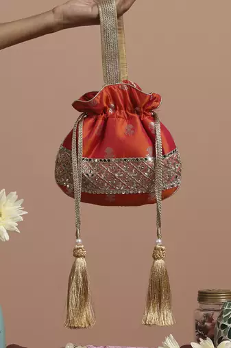Orange pure silk brocade potli bag