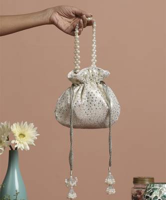 White georgette with silver sequin potli bag 1