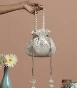 White georgette with silver sequin potli bag