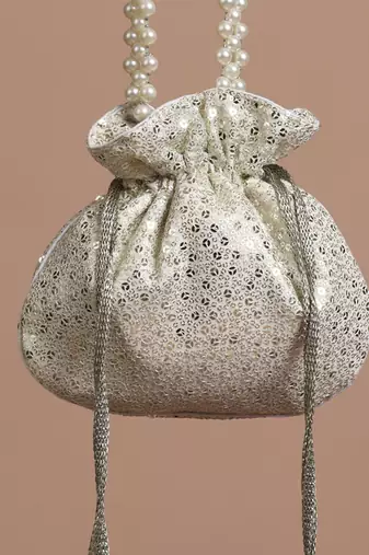 White georgette with silver sequin potli bag