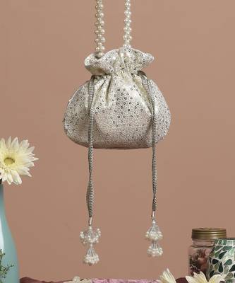 White georgette with silver sequin potli bag 5