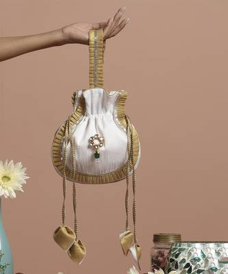 Gold and white silk potli bag 1