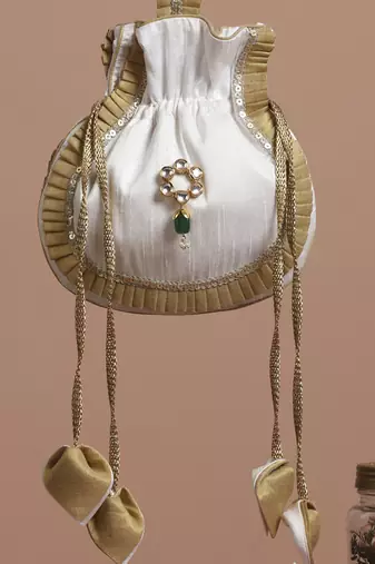 Gold and white silk potli bag
