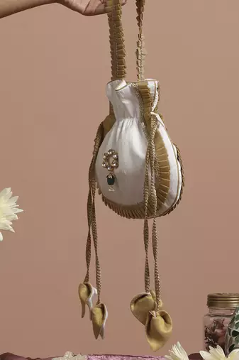 Gold and white silk potli bag