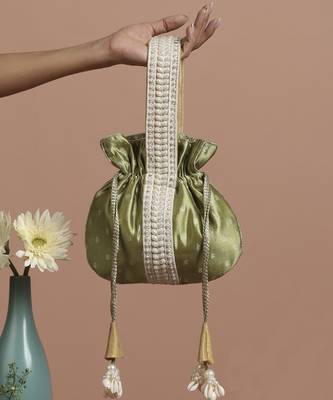 Green pure silk brocade potli bag 1