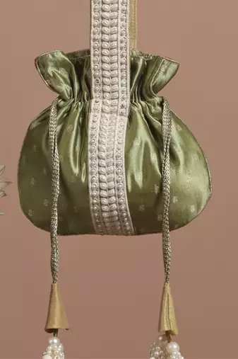 Green pure silk brocade potli bag